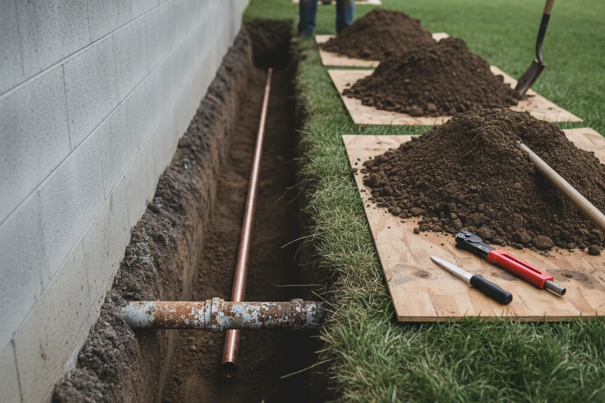 Excavated water line trench during Water Heater Repair in Medinah